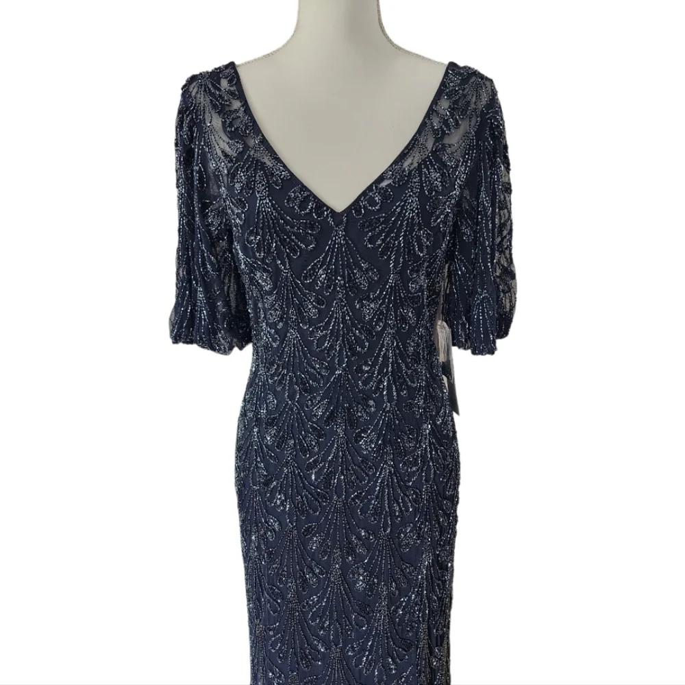 Aidan Mattox $550 NWT Beaded V-Neck Sheath Evening Gown Navy Blue, size 6 - Picture 7 of 13